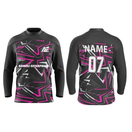 Black custom ice hockey jersey with pink accents and striking star graphics by Adrees Enterprises.