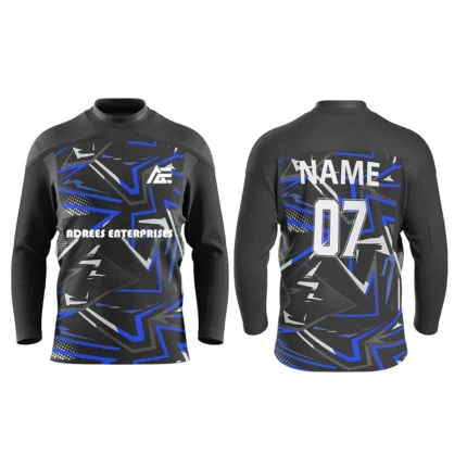 Black custom ice hockey jersey with blue star details and modern patterns by Adrees Enterprises.
