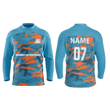 Custom ice hockey jersey in blue and orange camo design by Adrees Enterprises with personalized name and number