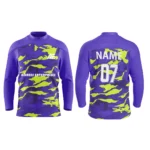 Custom ice hockey jersey in purple and neon green camo design by Adrees Enterprises with personalized name and number