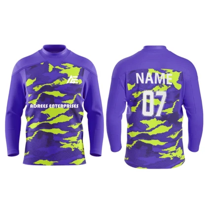 Custom ice hockey jersey in purple and neon green camo design by Adrees Enterprises with personalized name and number