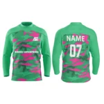 Custom ice hockey jersey in green and pink camo design by Adrees Enterprises with personalized name and number