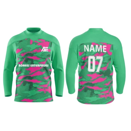 Custom ice hockey jersey in green and pink camo design by Adrees Enterprises with personalized name and number