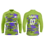 Custom ice hockey jersey in lime green and purple camo design by Adrees Enterprises with personalized name and number
