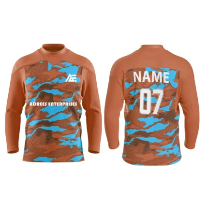 Custom ice hockey jersey in brown and blue camo design by Adrees Enterprises with personalized name and number