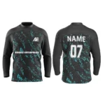 Black custom ice hockey jersey with teal abstract pattern by Adrees Enterprises.