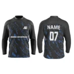 Black custom ice hockey jersey with blue abstract graphics by Adrees Enterprises.