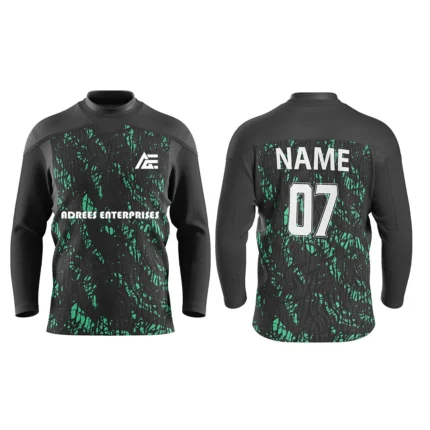Black custom ice hockey jersey with green abstract details by Adrees Enterprises.