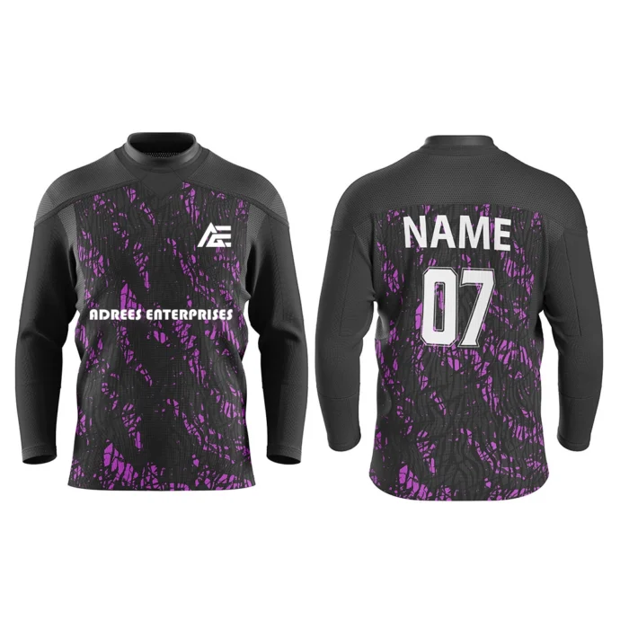 Black custom ice hockey jersey with purple abstract design by Adrees Enterprises.
