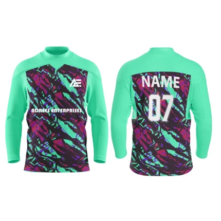 Teal custom ice hockey jersey with purple and green abstract graphics by Adrees Enterprises.