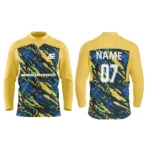 Yellow custom ice hockey jersey with bold abstract blue and green patterns by Adrees Enterprises.