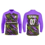 Purple custom ice hockey jersey with green and orange abstract details by Adrees Enterprises.