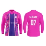 Pink custom ice hockey jersey with purple abstract center stripe design by Adrees Enterprises.