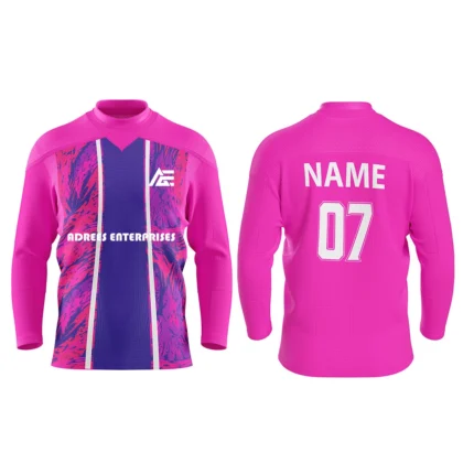 Pink custom ice hockey jersey with purple abstract center stripe design by Adrees Enterprises.