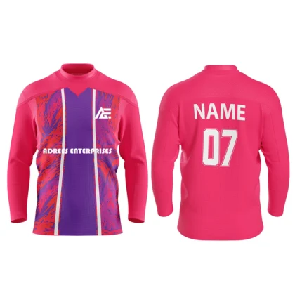 Bright pink custom ice hockey jersey with purple and orange abstract stripe by Adrees Enterprises.