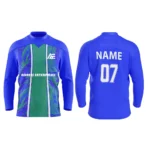 Blue custom ice hockey jersey with green abstract center design by Adrees Enterprises.