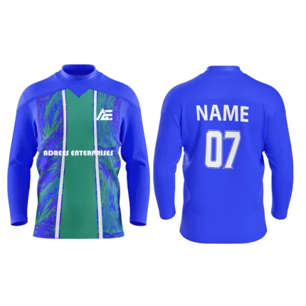 Blue custom ice hockey jersey with green abstract center design by Adrees Enterprises.