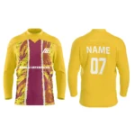 Yellow custom ice hockey jersey with burgundy abstract stripe by Adrees Enterprises.