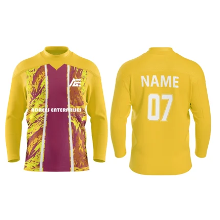 Yellow custom ice hockey jersey with burgundy abstract stripe by Adrees Enterprises.