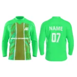 Bright green custom ice hockey jersey with teal abstract stripe design by Adrees Enterprises.
