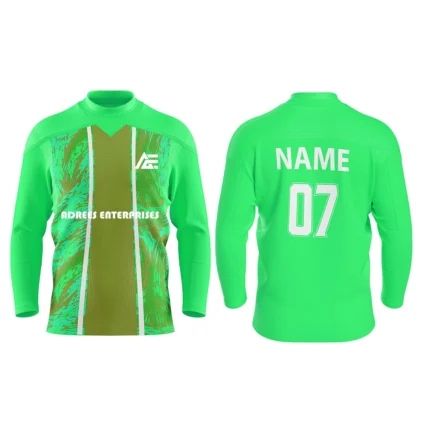 Bright green custom ice hockey jersey with teal abstract stripe design by Adrees Enterprises.