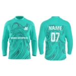 Custom ice hockey jersey in teal with Adrees Enterprises branding, front and back views.