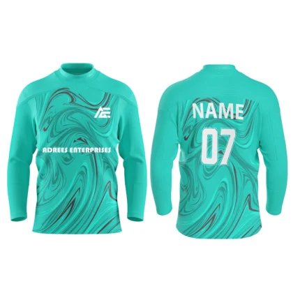 Custom ice hockey jersey in teal with Adrees Enterprises branding, front and back views.