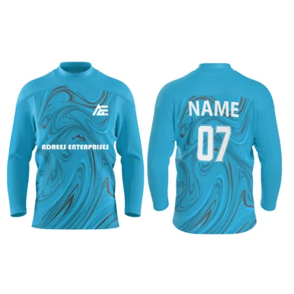 Custom ice hockey jersey in blue with Adrees Enterprises branding, front and back views.