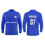 Custom ice hockey jersey in royal blue with Adrees Enterprises branding, front and back views.