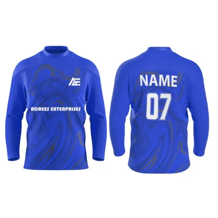 Custom ice hockey jersey in royal blue with Adrees Enterprises branding, front and back views.