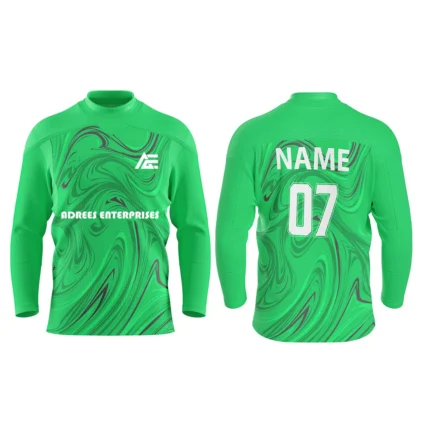 Custom ice hockey jersey in green with Adrees Enterprises branding, front and back views.