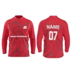 Custom ice hockey jersey in red with Adrees Enterprises branding, front and back views.