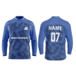 Custom ice hockey jersey in blue with digital camo design and Adrees Enterprises branding, front and back views.