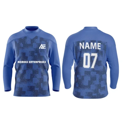 Custom ice hockey jersey in blue with digital camo design and Adrees Enterprises branding, front and back views.