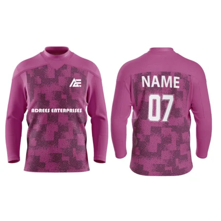 Custom ice hockey jersey in pink with digital camo design and Adrees Enterprises branding, front and back views.