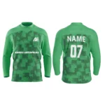 Custom ice hockey jersey in green with digital camo design and Adrees Enterprises branding, front and back views.