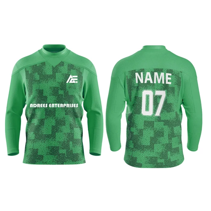Custom ice hockey jersey in green with digital camo design and Adrees Enterprises branding, front and back views.