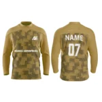 Custom ice hockey jersey in gold with digital camo design and Adrees Enterprises branding, front and back views.