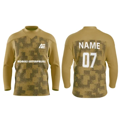 Custom ice hockey jersey in gold with digital camo design and Adrees Enterprises branding, front and back views.