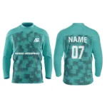 Custom ice hockey jersey in teal with digital camo design and Adrees Enterprises branding, front and back views.