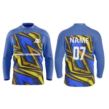 Custom ice hockey jersey in blue and yellow with vibrant zigzag design and Adrees Enterprises branding, front and back views.