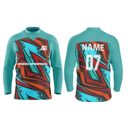 Custom ice hockey jersey in teal and red with bold zigzag design and Adrees Enterprises branding, front and back views.