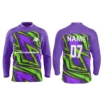 Custom ice hockey jersey in purple and green with striking zigzag design and Adrees Enterprises branding, front and back views.
