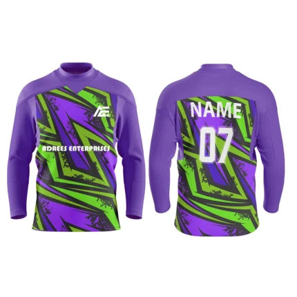 Custom ice hockey jersey in purple and green with striking zigzag design and Adrees Enterprises branding, front and back views.