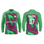 Custom ice hockey jersey in green and pink with modern zigzag design and Adrees Enterprises branding, front and back views.