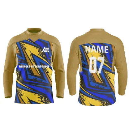Custom ice hockey jersey in gold and blue with artistic zigzag design and Adrees Enterprises branding, front and back views.