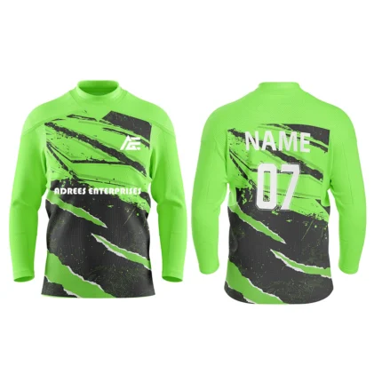 Custom ice hockey jersey in neon green with claw-like design and Adrees Enterprises branding, front and back views.