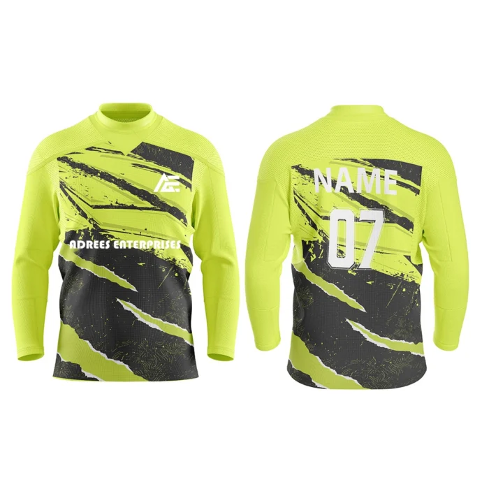 Custom ice hockey jersey in yellow with claw-like design and Adrees Enterprises branding, front and back views.