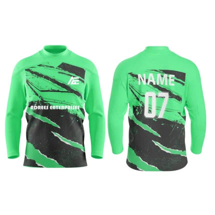 Custom ice hockey jersey in green with claw-like design and Adrees Enterprises branding, front and back views.