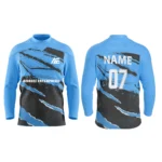 Custom ice hockey jersey in blue with claw-like design and Adrees Enterprises branding, front and back views.